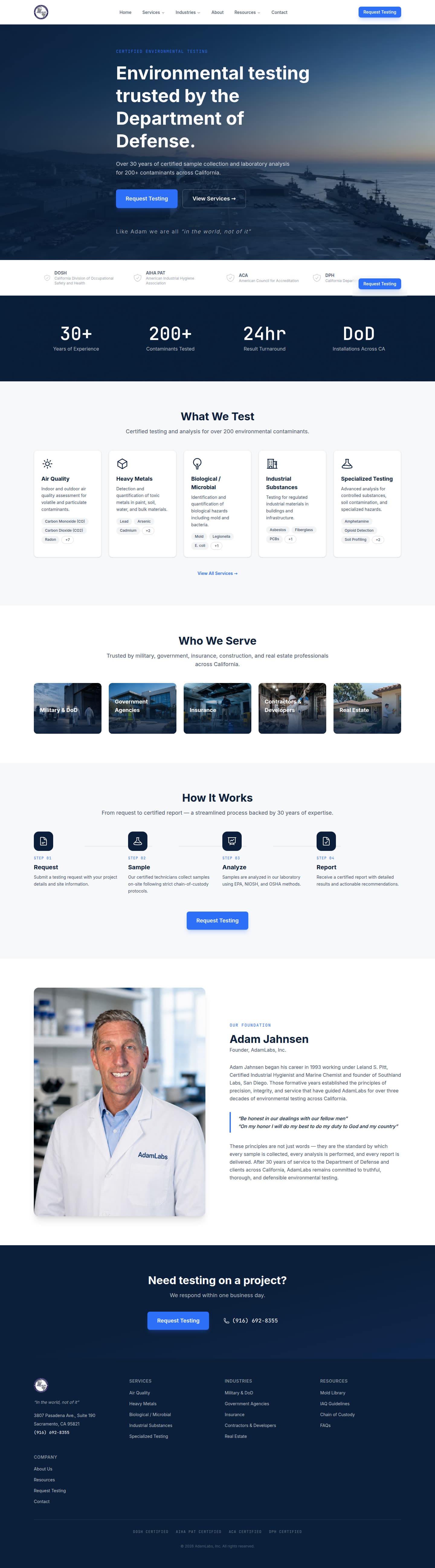 AdamLabs website, full home page on desktop