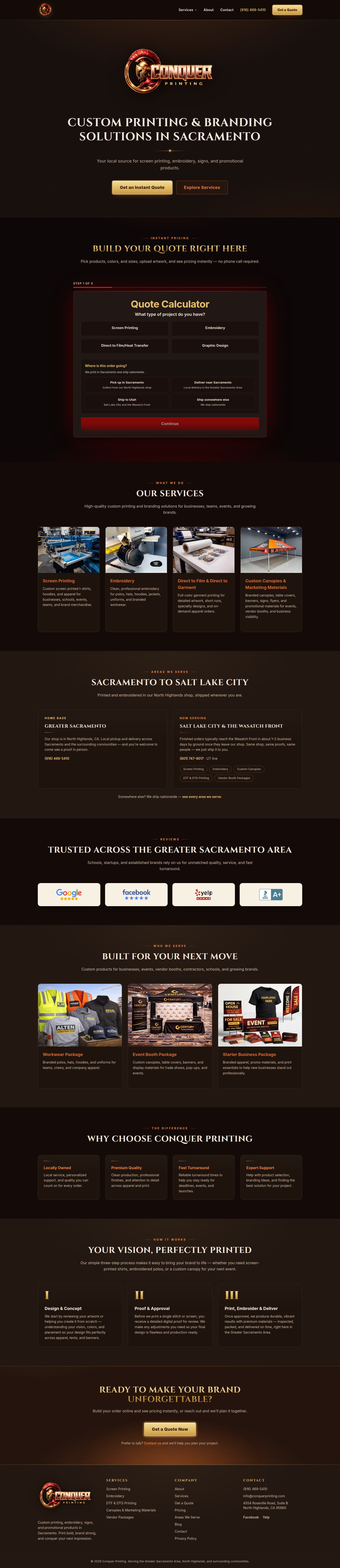 Conquer Printing website, full home page on desktop