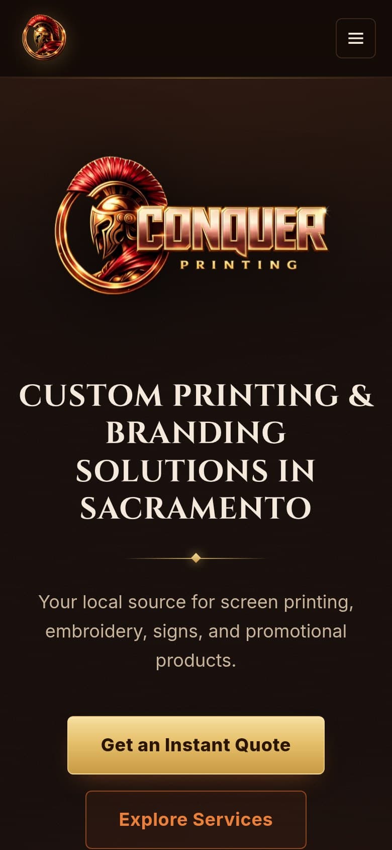 Conquer Printing website, mobile view