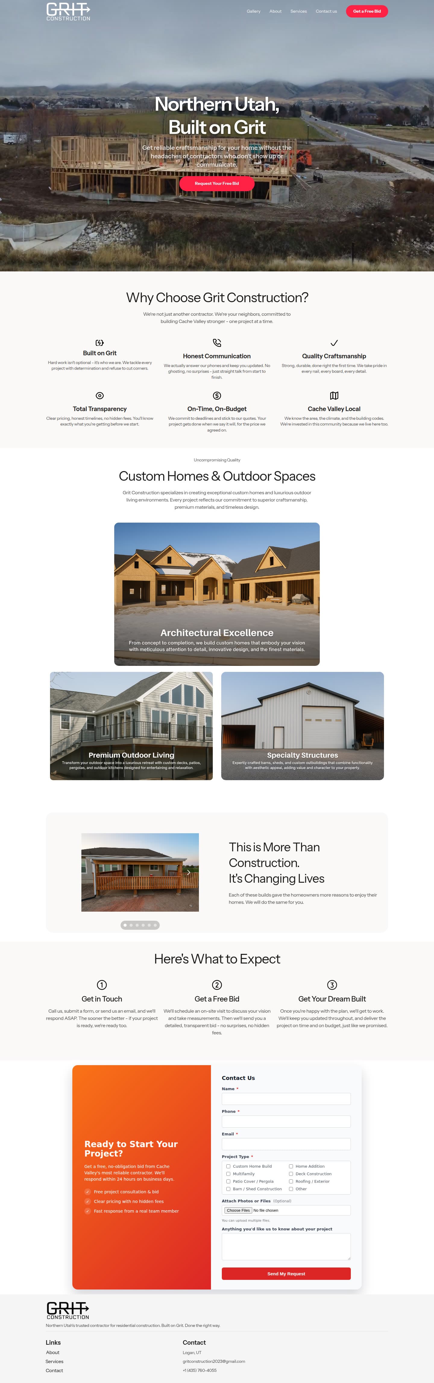 Grit Construction website, full home page on desktop