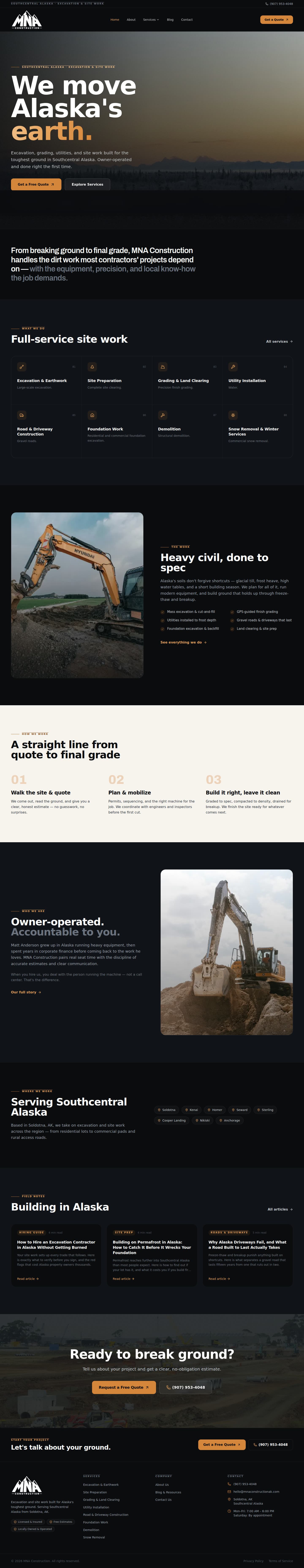 MNA Construction website, full home page on desktop