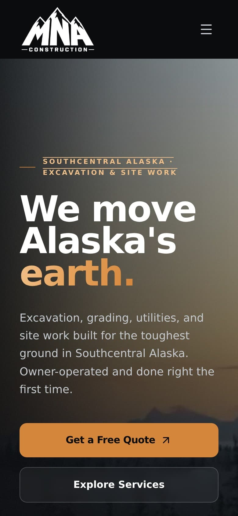 MNA Construction website, mobile view