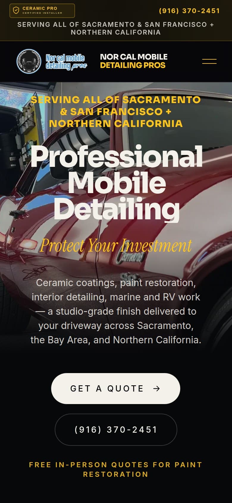 Nor Cal Mobile Detailing Pros website, mobile view