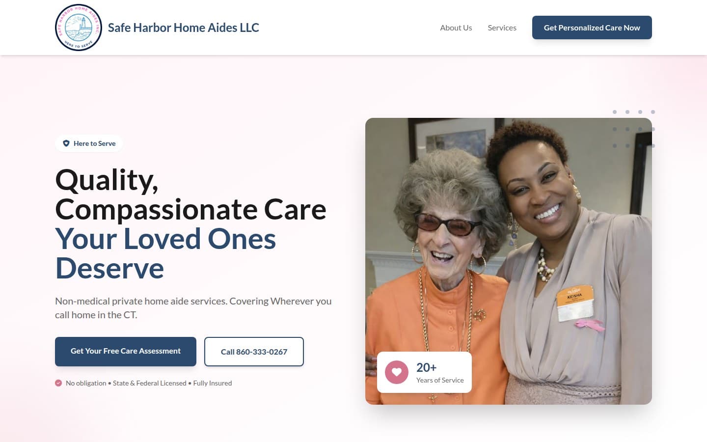 Safe Harbor Home Aides website, desktop view