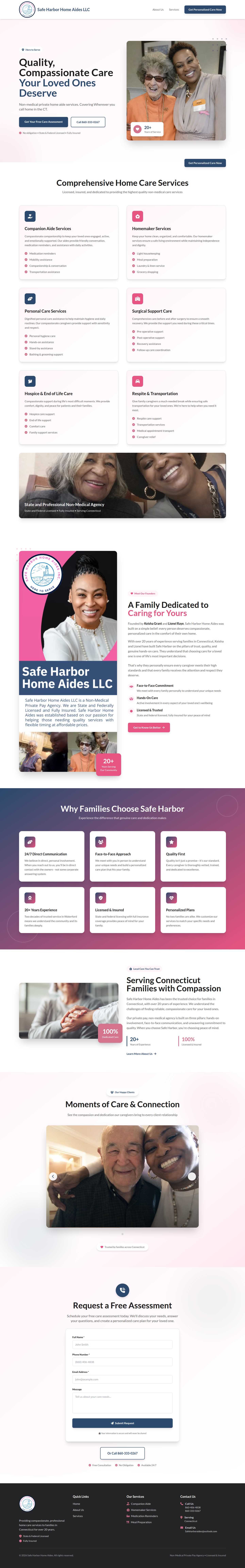 Safe Harbor Home Aides website, full home page on desktop