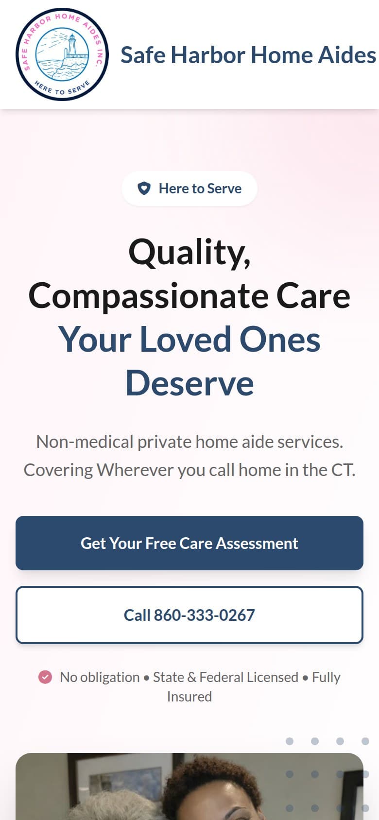 Safe Harbor Home Aides website, mobile view
